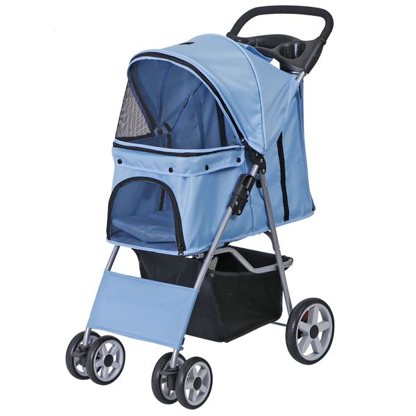 4 Wheels Pet Stroller Portable Dog Stroller w/ Storage Basket & Cup Holder Blue