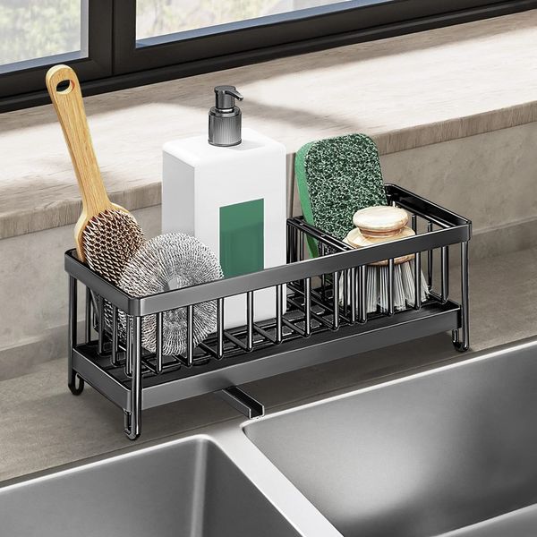 Kitchen Sink Organizer, 304 Stainless Steel Kitchen Sponge Storage with Automatic Drain Tray, Sink Caddy Cleaning Products Organiser for Storage Sponge, Brush, Dish Soap (Black)