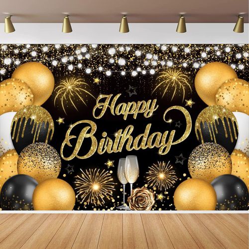 CapiSco Black Gold Happy Birthday Backdrop for Happy Birthday Decorations, Glitter Black Gold Happy Birthday Background for Photography, Black Gold Happy Birthday Sign Decor for Men Women 10x6.5ft