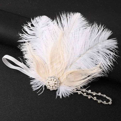 GENBREE 1920s Flapper Headband White Gatsby Feather Headpiece Rhinestone Prom Party Hair Accessories for Women and Girls