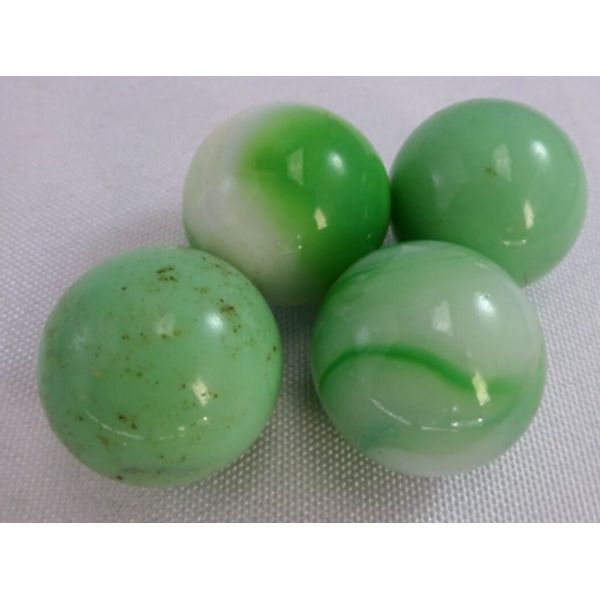 4 VINTAGE MARBLES GREEN & WHITE MILKY BIG 25mm ONE INCH SHOOTERS OLD HEAVY TOY