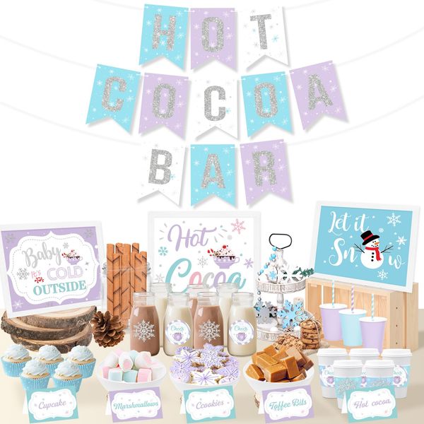 Hot Chocolate Bar Kit, Christmas Hot Cocoa Bar Supplies, Hot Cocoa Bar Banner Sign Labels Snowflake Cup Stickers for Winter Wonderland Birthday Baby Its Cold Outside Baby Shower Party Decorations