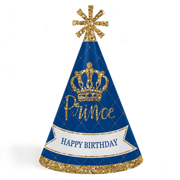 Big Dot of Happiness Royal Prince Charming - Cone Happy Birthday Party Hats for Kids and Adults - Set of 8 (Standard Size)