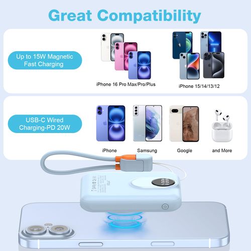 JYTIGV Small Magnetic Power Bank,5000mAh Mag-Safe Battery Pack with 20W Fast Charging Detachable USB C&iOS Cable,with LED Display,Slim Wireless Portable Charger for iPhone16/15/14/13/12 Series (Blue)