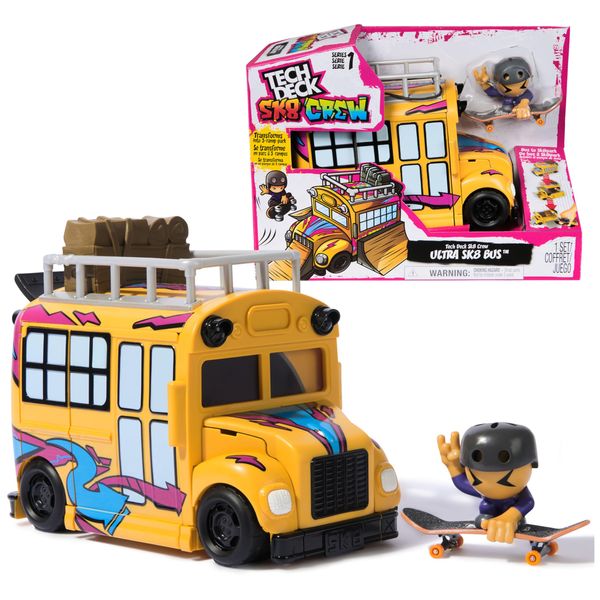 TECH DECK Sk8 Crew 2-in-1 Transforming Ultra Sk8 Bus & Storage with Fingerboard & Figure, Collectible Mini Skateboards, Kids Toys for Ages 5 and up