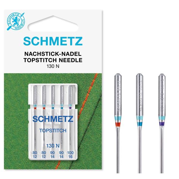 SCHMETZ Domestic Sewing Machine Needles | 5 Topstitch Needles | 130 N | Needle size 2x 80/12, 2x 90/14 und 1x 100/16| Can be used on all conventional household sewing machines and household embroidery machines