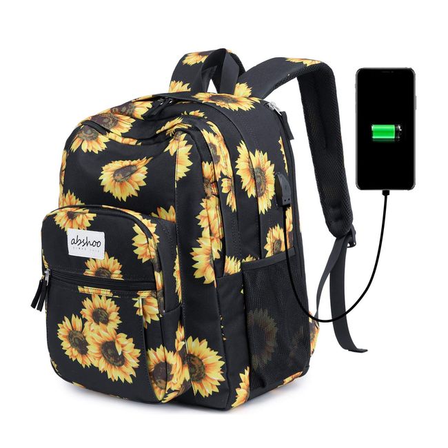 Abshoo Classical Basic Women Travel Laptop Backpack School Bookbag for College Teen Girls Backpack with USB Charging Port (USB Sunflower Black)