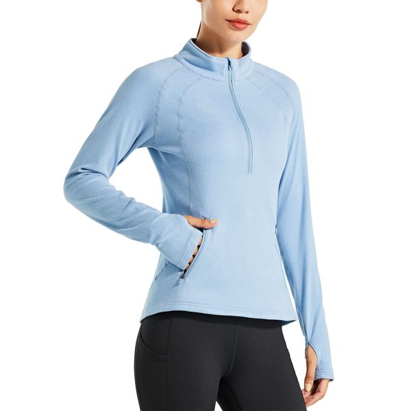 Willit Women's Fleece Running Jacket Pullover Thermal Equestrian Shirt Golf Shirt Long Sleeve Half Zip Exercise Winter Gear Blue XL