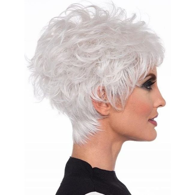 Pixie Cut Silver Wig, Slanted Bangs, Short Curly Hair, Fluffy White Wig, Middle-Aged and Elderly Womens Natural Hair for Daily Use