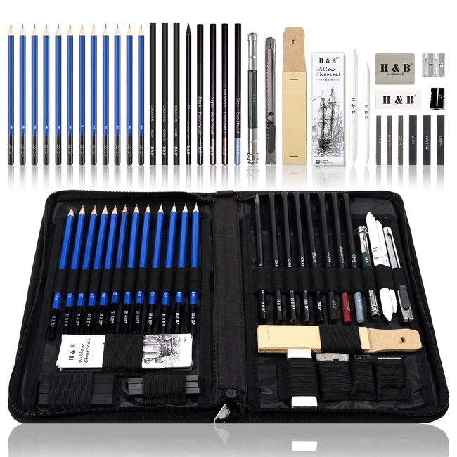 H & B 40 Piece Professional Sketch Pencil Drawing Kit,Complete Artist Kit, Including Graphite Pencils, Pastels, Sharpener and Eraser