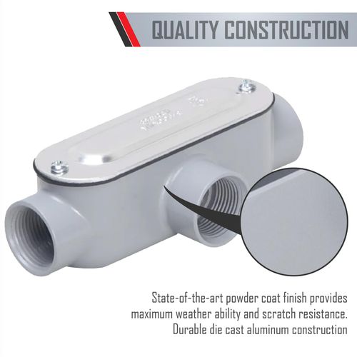 TayMac RLT075 Threaded T Type Conduit Body, Die Cast Aluminum, Stamped Steel Cover, 3/4-Inch, Gray
