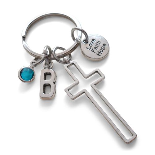 Custom Cross Charm Keychain with Love Faith Hope Circle Charm, Personalized with Letter Charm, Religious Christian Keychain