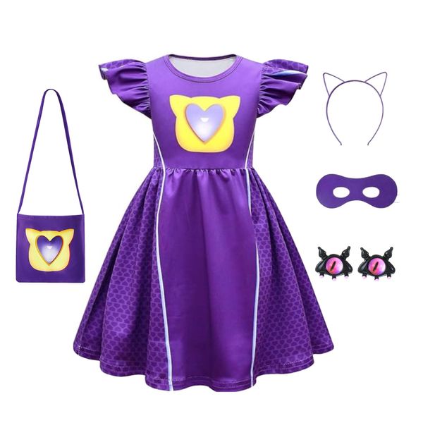 SHELOVESIT Girls Superhero Cosplay Costume Kitties Dress Movie Character Cat Dress Up Outfits - 130cm/6T-7T - Purple