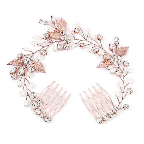 Yikisdy Rhinestone Bride Wedding Hair Side Comb Pearl Leaf Hair Piece Crystal Bridal Hair Accessories for Women and Girls (A-Rose Gold)