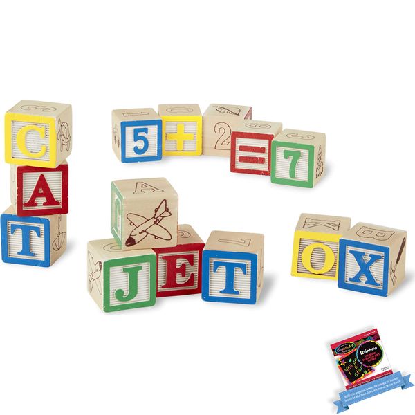 Melissa & Doug 50-Piece Wooden ABC & 123: Wooden Block Set Bundle with 1 Theme Compatible M&D Scratch Art Mini-Pad (01900)