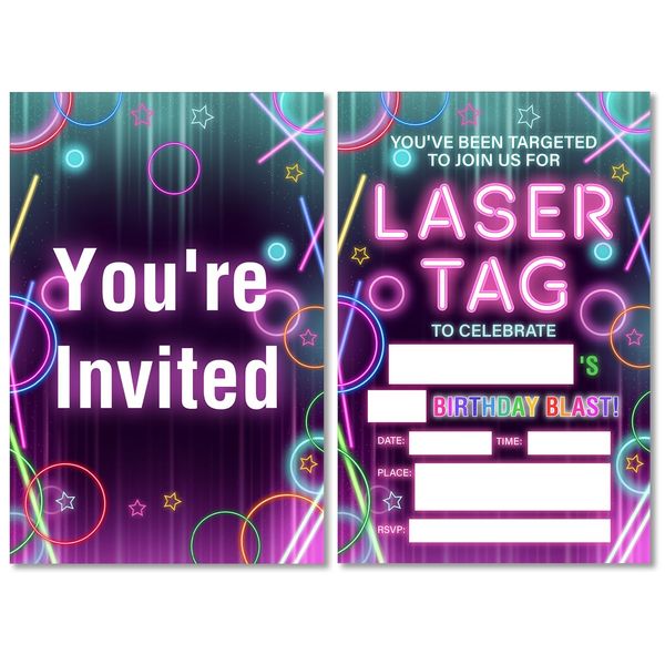 Soiceu Laser Tag Birthday Party Invitations with Envelopes Set of 20 Neon Laser Tag Birthday Party Invites Glow Laser Tag