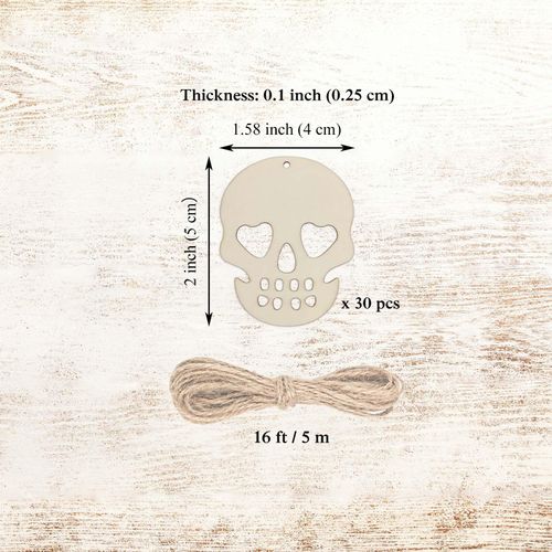 Creaides 30pcs Mini Skull Wood DIY Crafts Cutouts 2" Blank Wooden Skull Shaped Hanging Tags with Jute Twines for DIY Projects Halloween Party Decorations (Small Size)