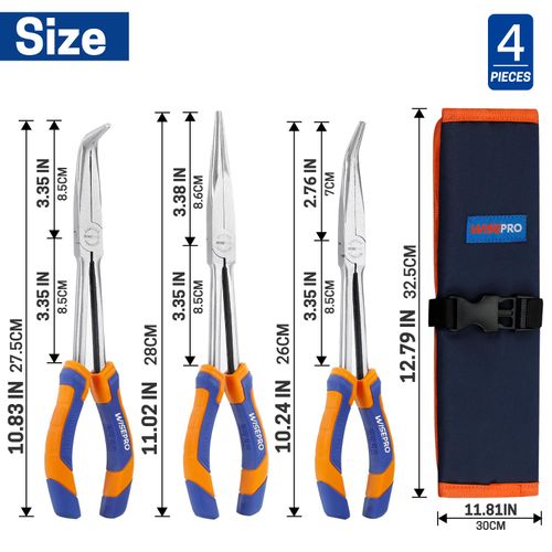 WISEPRO 3 PCS 11 Inch Long Reach Pliers Set, Extra Long Needle Nose Pliers Set with Straight, 45° and 90° Needle Nose for Narrow Spaces