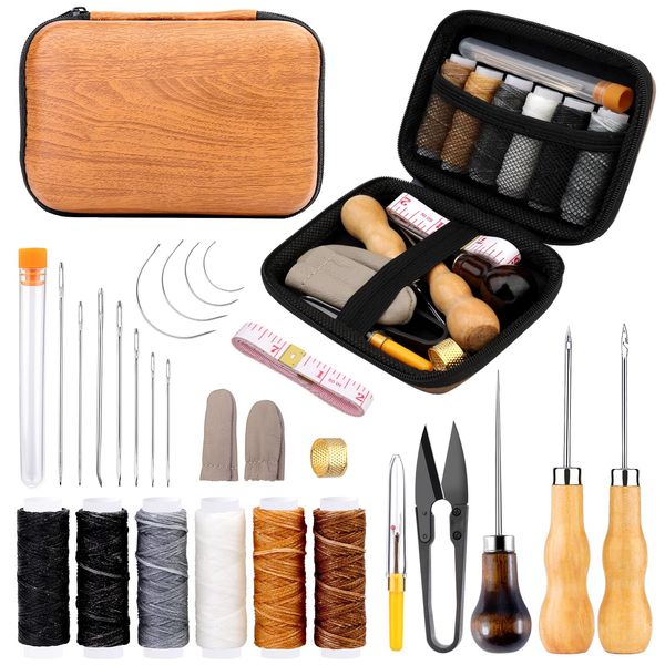 JUAYING 27 Piece Leather Sewing Kit, Including Sewing Thread and Needle, Awl, and Thimble, Suitable for Beginners in Leather Craftsmanship DIY Sewing Kit