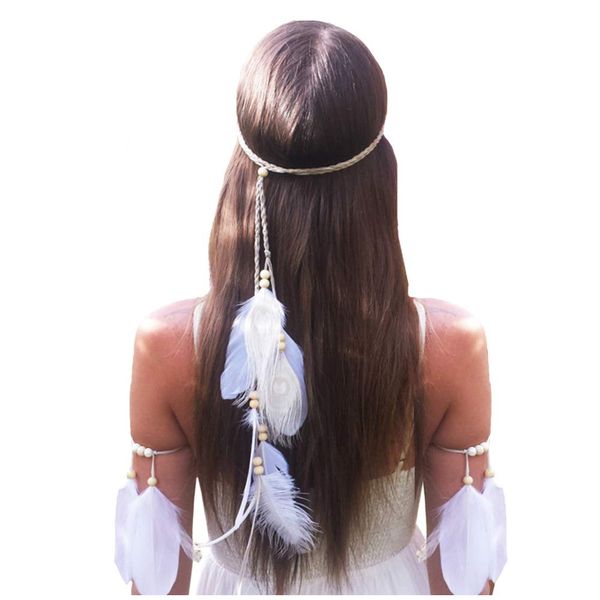 Feather Headband Hippie Indian Boho Hair Bands Tassel Bohemian Halloween Hair Hoop Women Girls Crown Hairband Party Decoration Headdress Cosplay Costume Headwear Headpiece Hair Accessories White Set