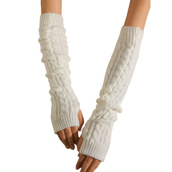 Verdusa Women's Knitted Arm Warmers Long Fingerless Gloves White one-size