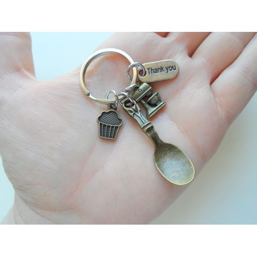 Baker's Keychain, Bronze Spoon Charm, Muffin, Mixer Charm, and Thank You Charm, Bakery Employee or School Lunch Staff Appreciation Keychain