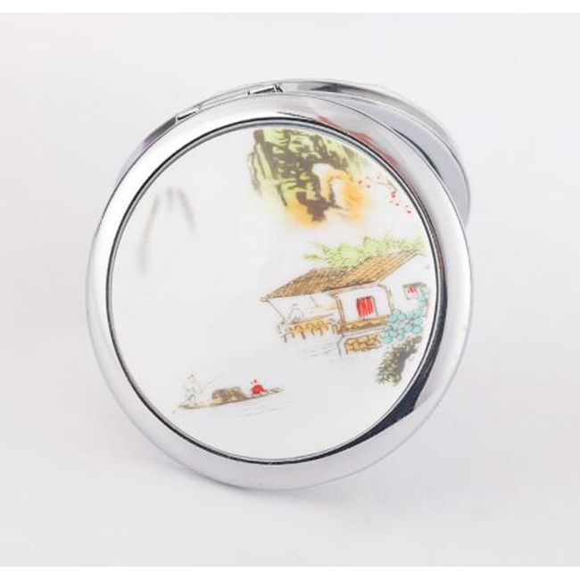 HJ Magnifying Metal Decorative Double Sided Compact Mirror Folding Hand Mirror Portable Mirror Hand Mirror Chinese Style (Landscape)