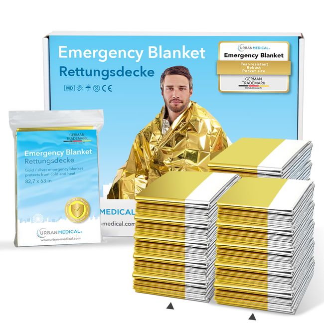 URBAN MEDICAL Premium Rescue Blanket | First Aid Rescue Foil | 10 pieces | Gold/Silver | 210 x 160 cm | Waterproof Rescue Blanket | Cold Protection | Heat Protection | Car Accessories