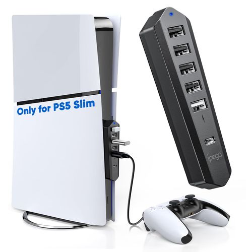6 Ports USB Hub for PS5 Slim Disc ＆ Digital New Console, High-Speed Extra USB Port Extender for PS5 Slim Accessories, Charging Adapter for PS5 Slim with 1 Type C 3.0 + 4 USB-A 2.0 + 1 Charging Port