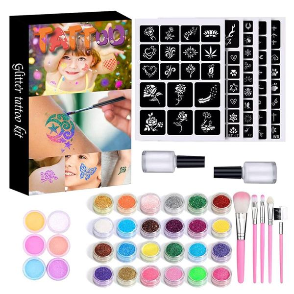 Glitter Tattoo Set, Temporary Tattoo Kit with 24 Glitter Colors & 6 Fluorescent Colors, 105 Stencils, 5 Brushes and 2 Glue, DIY Decoration Tattoo Makeup for Body Nail Glitter Art Paint Party