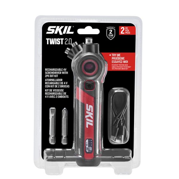 SKIL Twist 2.0 Rechargeable 4V Screwdriver Pivot Head, Torque Setting, USB-C Charging Cable & 2PC Bit Set-SD5619-01