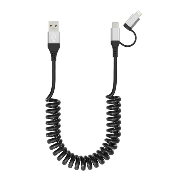 Apple Coiled Lightning & USB-C 2-in-1 Cable - CarPlay & Android Auto Compatible [MFi Certified, 3A Fast Charge & Data Sync] for iPhone 15/14/13/12 & Android, Silver