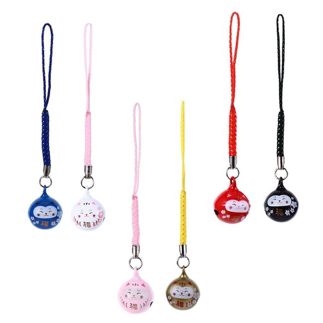 LUOZZY 6 Pcs Fortune Cat Charm Lovely Dharma Phone Hanging Pendants Lucky Cat Bell Charms (Size L)