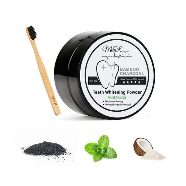 M&R New Formula More Delicate 100% Organic Activated Charcoal Teeth Whitening Powder+Bamboo Toothbrush /30g Coconut Charcoal, Effective Teeth Stain Remover and Toothpaste Alternative/Fresh Mint Taste
