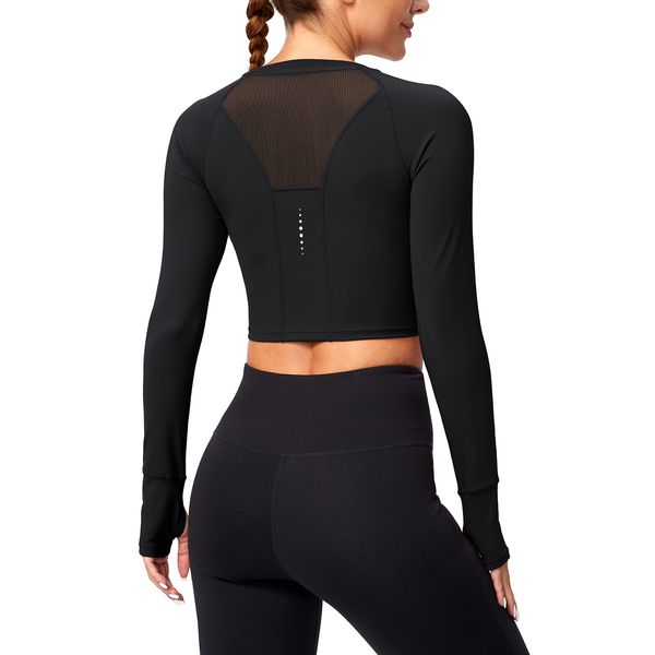 SANTINY Women's Slim Fit Long Sleeve Crop Top Gym Yoga Running Shirt (Black, S)