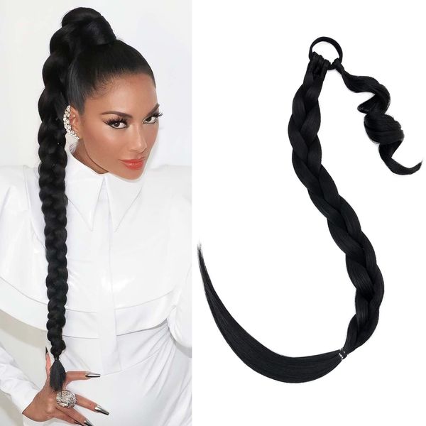 Hairro Braided Ponytail Extension For Women Straight Wrap Around Pony Tail Hair Extensions with Elastic Rubber Band Synthetic Long DIY Braid Ponytails Hairpiece 34 Inch #1B Natural Black