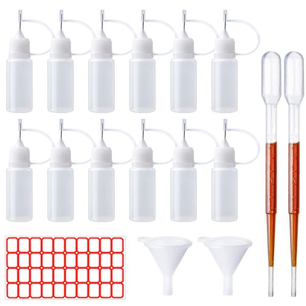 12 Pcs Precision Tip Applicator Bottles 10 ml Empty Needle Tip Glue Bottle Applicator DIY Quilling Tool Precision Bottle with 2 Mini Funnel 2 Pipettes for DIY Quilling Craft, Liquid Glue Oil Ink Paint