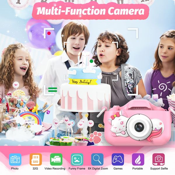 Goopow Kids Digital Camera, Pink Purple, 32GB MicroSD Card Included, Shockproof and Durable for Girls Ages 3-10