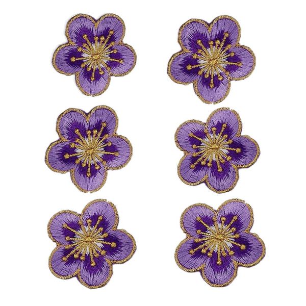 6pcs Small Plum Iron on Patches Flower with Gold Trimming Decorative Embroidered Fabric Applique for Jewellery Making Outfit Garment Embellishment(Purple)