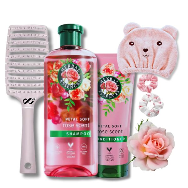 Shampoo and Conditioner Set for Vegan Soft Dry Hair bundle with Herbal Essences Shampoo 350ml & Conditioner 250ml Petal Soft Rose Scent & Infinite Emblems Hair Care Set.