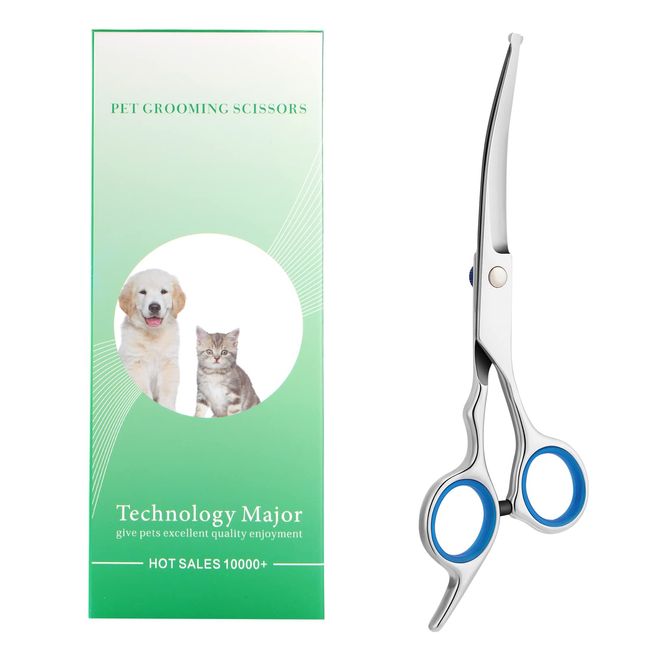 Dog Grooming Scissors with Safety Round Tip, Pet Dog Cat Curved Grooming Shears Scissors, Stainless Steel Pet Grooming Tools (Silver Down Curved Scissor)