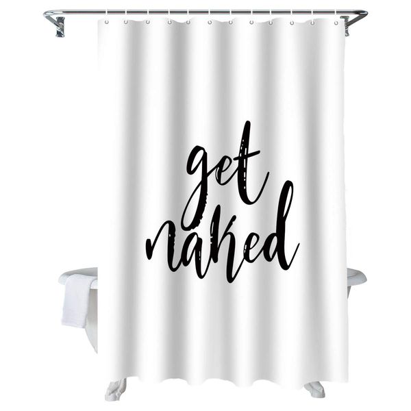 Z&L Home White Shower Curtains Bathroom Decorations-Get Naked Black Script Shower Curtain with Hooks Polyester Fabric 60x72Inches