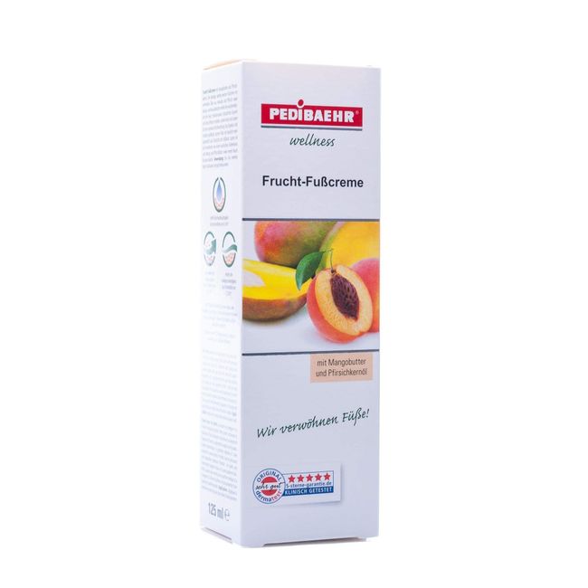 Fußbalsam, Frucht Fußcreme mit Mangobutter und Pfirsichkernöl Fusspflege für jeden Hauttyp, PediBaehr, 125 ml