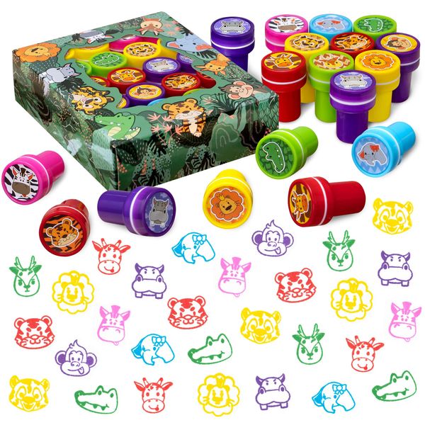 DMIGHT Jungle Safari Party Favors 20 PCS Wild Animals stamps for Kids Birthday Gifts, Zoo Animal Stamps for Kids, Self Inking Stamps for Kids