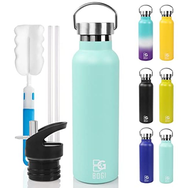 BOGI 20oz Insulated Water Bottle, Wide Mouth Stainless Steel Water Bottles  Leakproof Black Metal Water Bottle with Straw and Handle BPA Free Steel