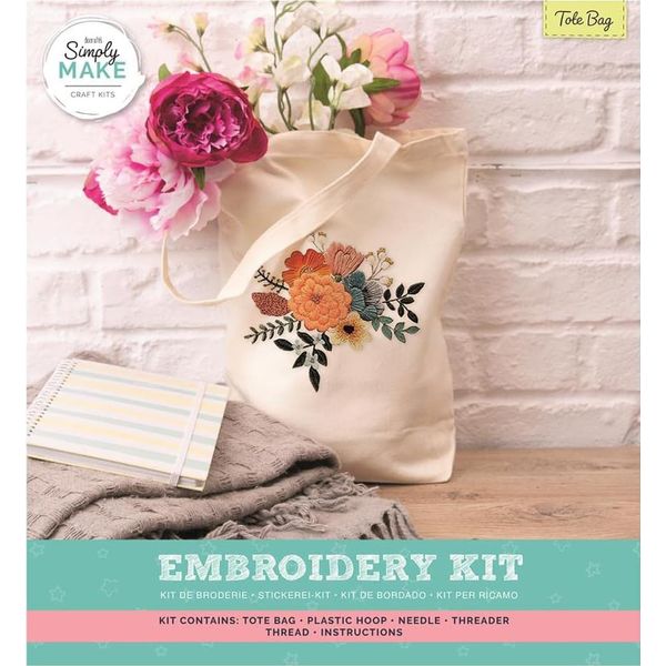 Simply Make Embroidery Tote Bag Craft Kit - White, Ideal Craft Accessories for Adults and Teenagers, Makes A Perfect Present, Hand Sewing Stitch Craft with Needle and Threads