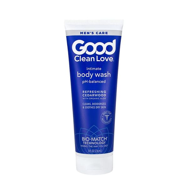 Good Clean Love Men's Care Cedarwood Intimate Body Wash 8 oz, 60% Organic Aloe for a Refreshing, Full-Body Cleanse, pH-Balanced and Safe for Daily Use on Sensitive Skin, Odor Blocking and Moisturizing, 8 Oz