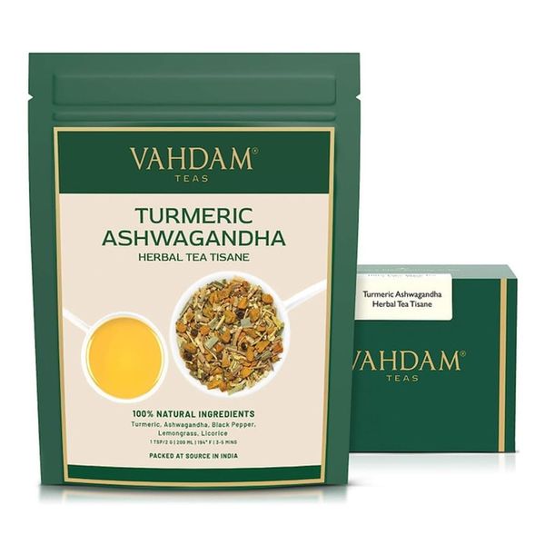 VAHDAM, Turmeric Ashwagandha Herbal Tea Loose Leaf 100g (50+ Cups) Caffeine Free | With Black Pepper, Lemongrass & Licorice | Whole Loose Leaf Tea | Vacuum Sealed Pack