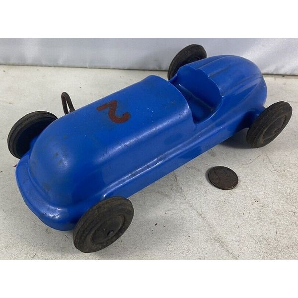 Vintage Friction Hard Plastic Blue Race Car With Rubber Wheels