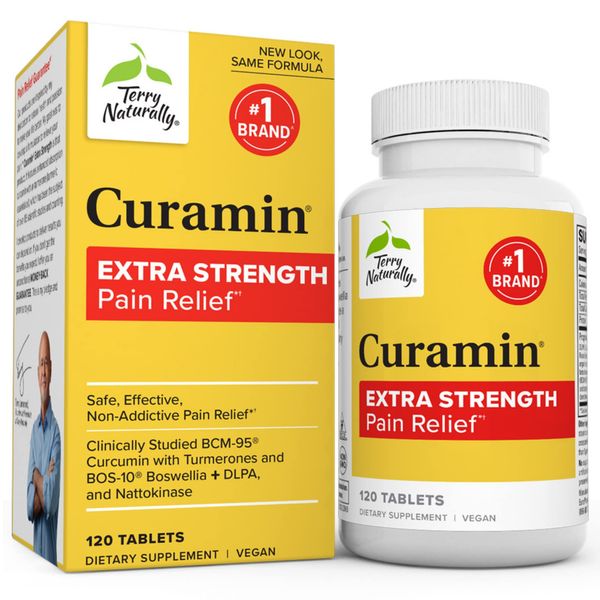 Terry Naturally Curamin Extra Strength - 120 Tablets - Non-Addictive Pain Relief Supplement with Curcumin, Boswellia, DLPA & Nattokinase - Non-GMO, Vegan - 40 Servings